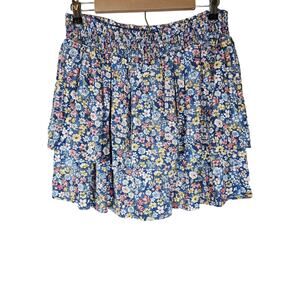 BCX Blue Yellow Red Floral Layered Tiered Lightweight Mini Skirt SZ L